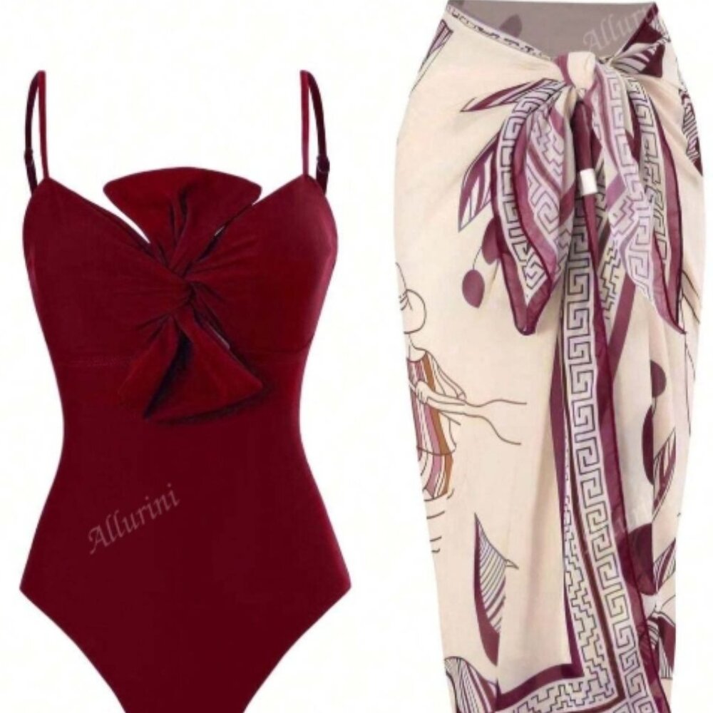 Women`s Burgundy Conservative One-Piece Swimsuit With Lace Cover-Up size XL New!